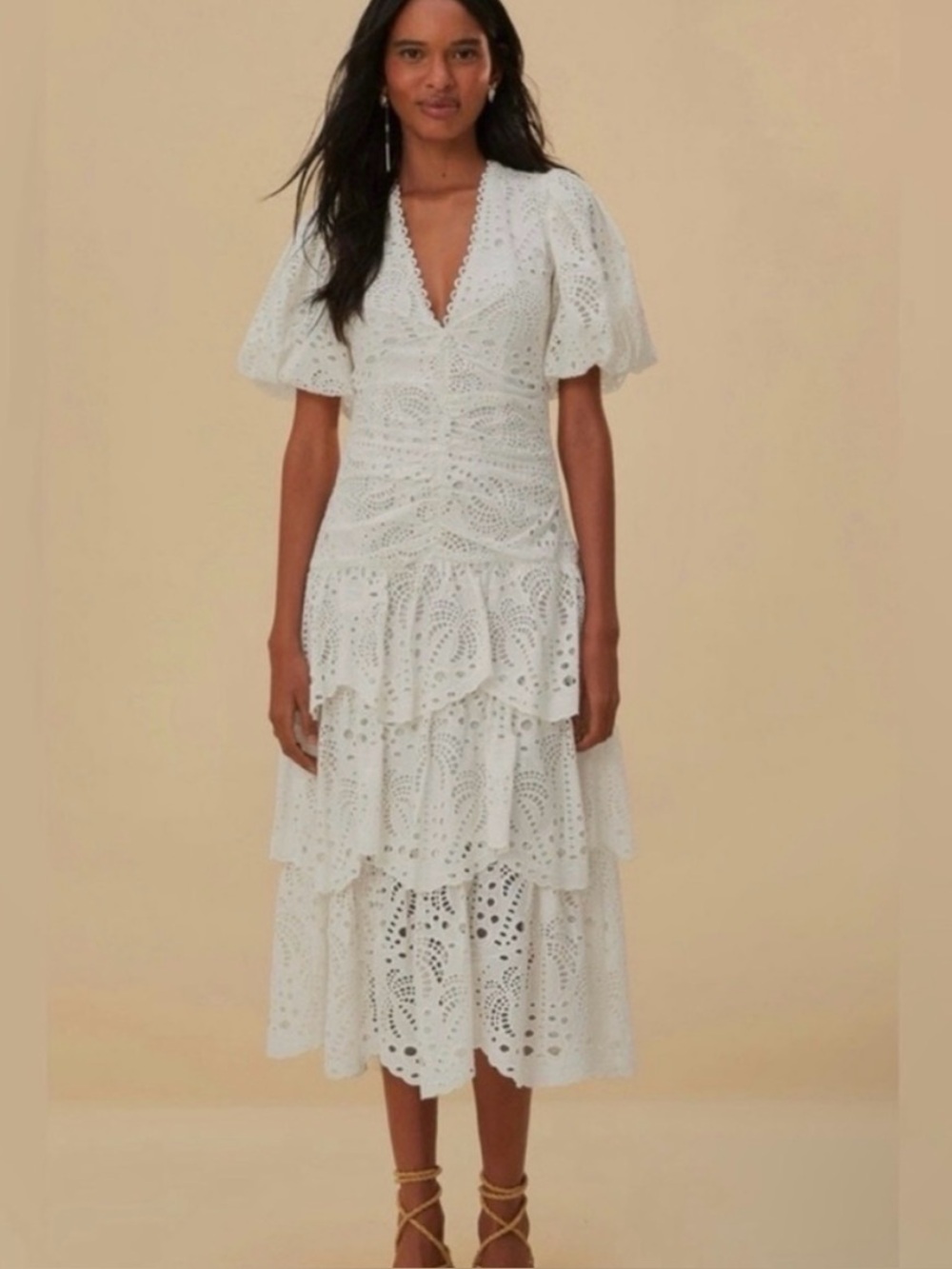 White Cotton Eyelet Puff Sleeve Midi Dress